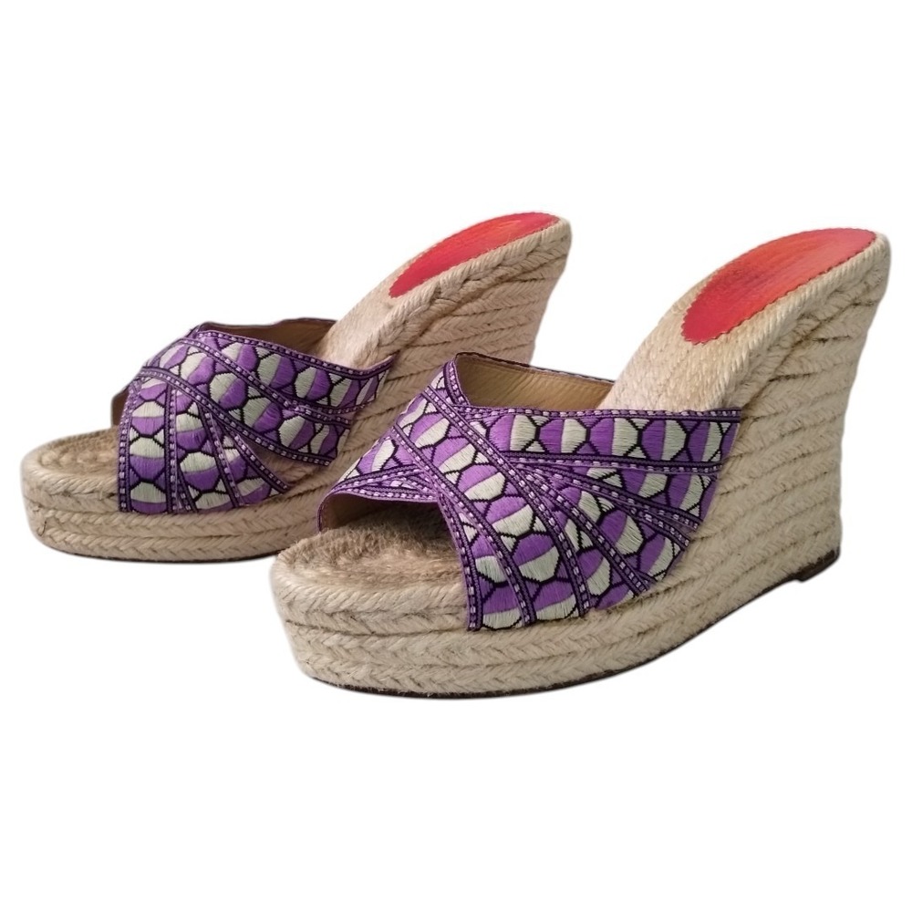 Christian Louboutin Purple and Natural Woven Espadrille Wedge Mules